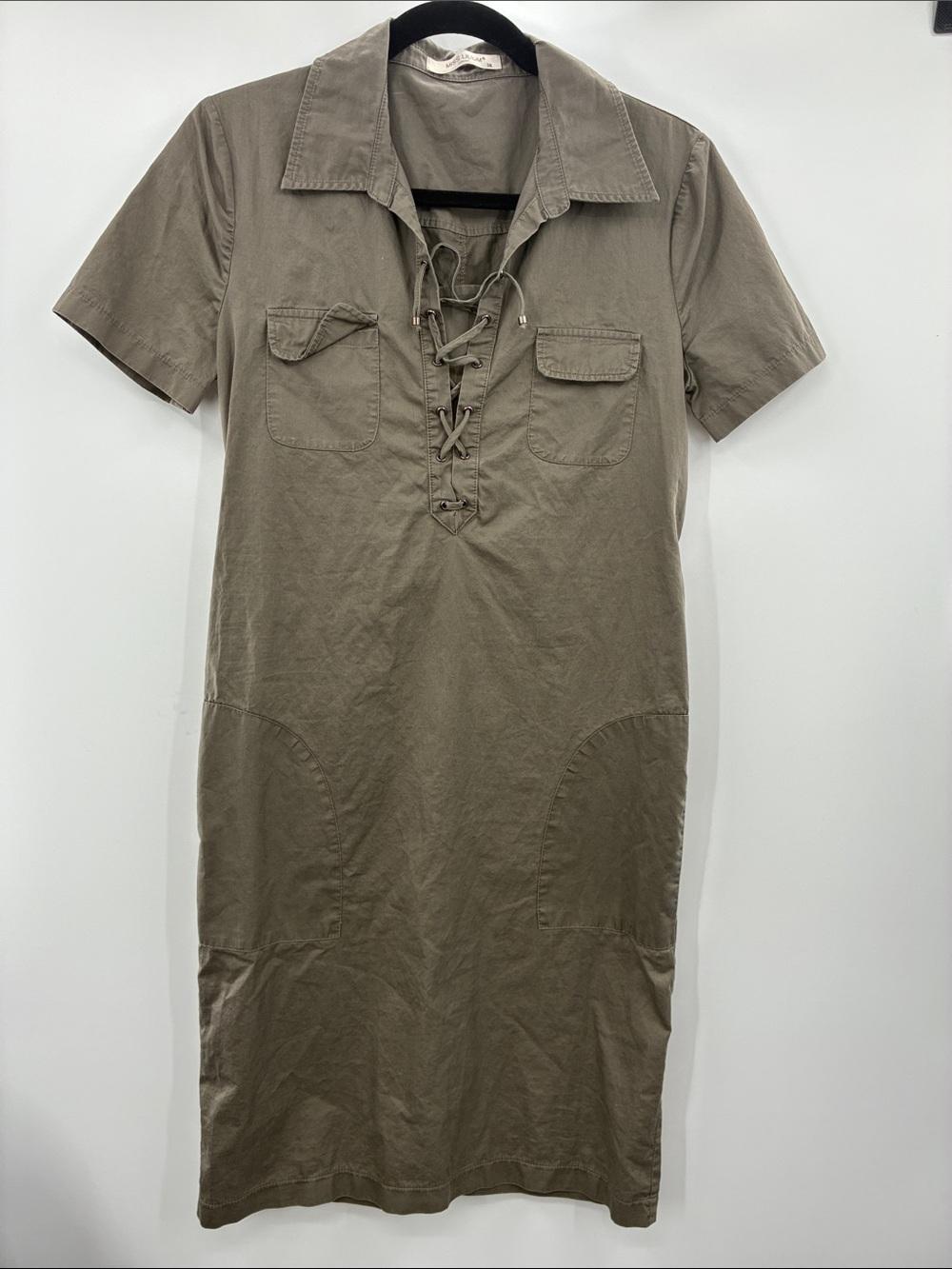 Miss Lili Olive Lace-Up Collared Short Sleeve Dress size small